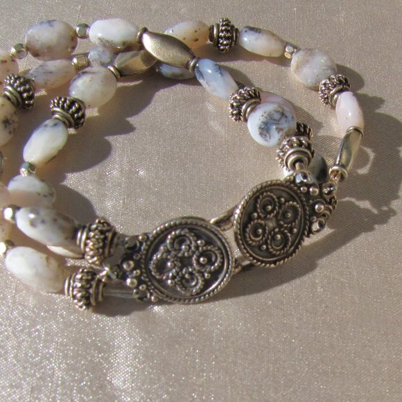 NWT 7" Pink Opal & Bali Silver Triple-Stranded Artisan Bracelet - Picture 7 of 9